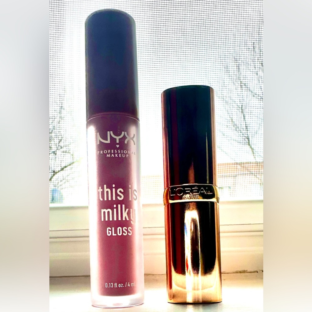 Drugstore lip products. Swatched. NYX This Is Milky Gloss & L’Oréal Nu Exuberant